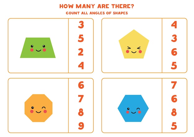 Counting game with cute kawaii geometrical shapes. Count number of angles.