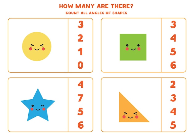 Counting game with cute kawaii geometrical shapes. Count number of angles.