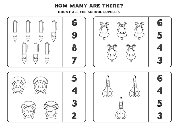 Counting game with cute kawaii school supplies. Black and white math worksheet.