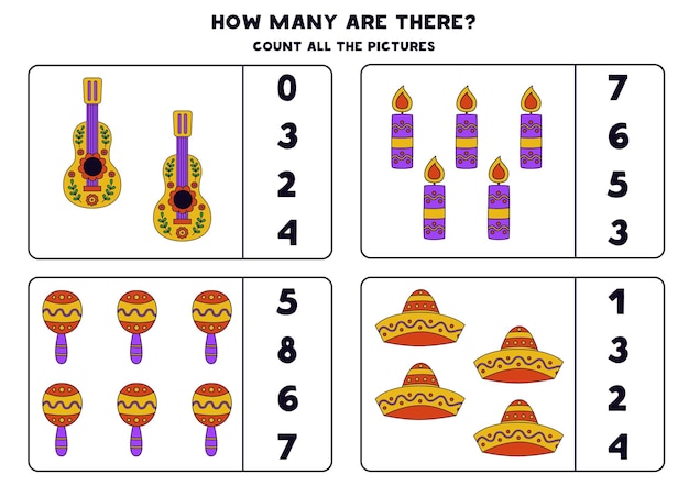 Counting game with cute Mexican elements Educational worksheet