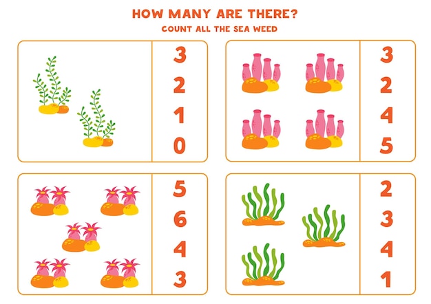 Counting game with cute seaweeds Educational worksheet