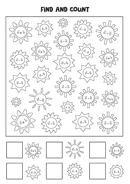 Counting game with cute suns Black and white worksheet