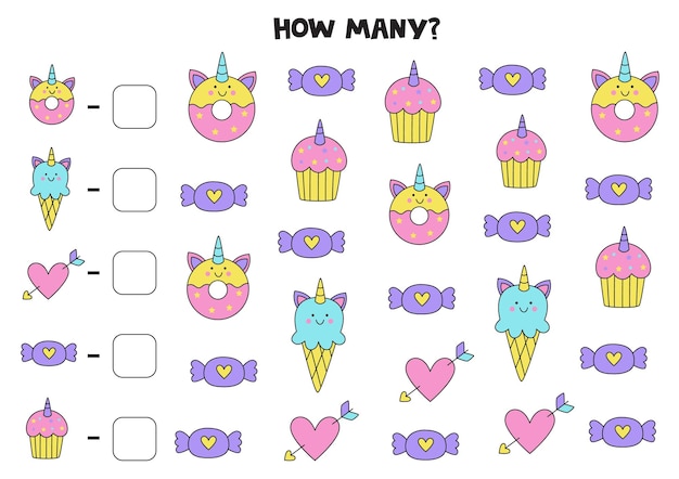 Counting game with cute unicorn pictures Math worksheet