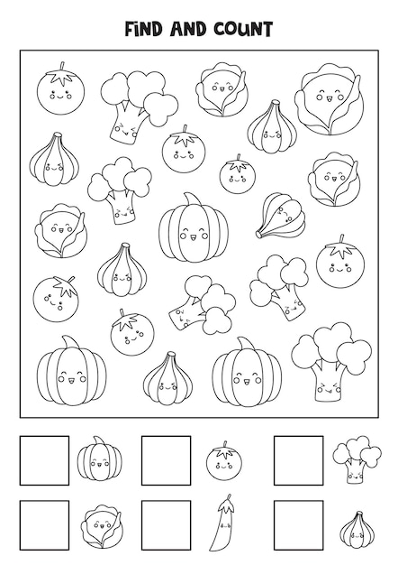 Counting game with cute vegetables Black and white worksheet