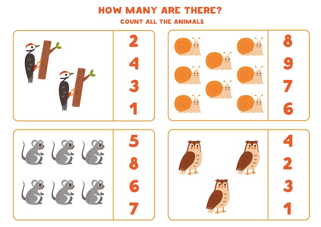 Counting game with cute woodland animals Educational worksheet