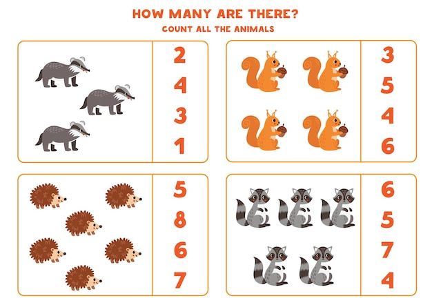 Counting game with cute woodland animals Educational worksheet