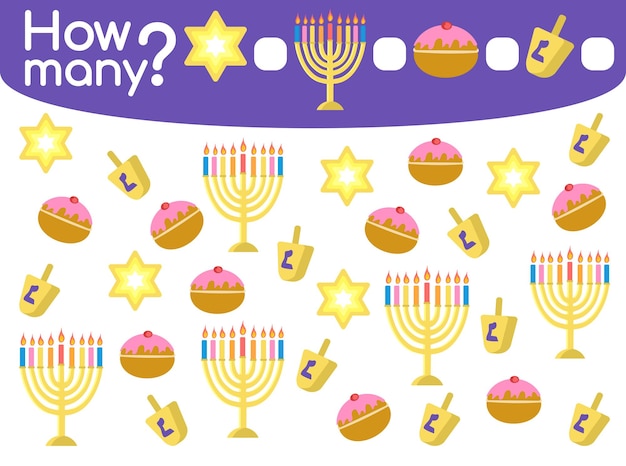 Counting game with Hanukkah symbols for preschool children vector illustration