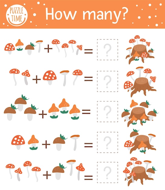 Counting game with mushrooms and tree stump. Autumn activity for preschool children. Fall season math worksheet. Educational printable with cute funny elements for kids