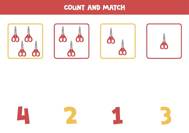 Counting game with red scissors. Math worksheet.