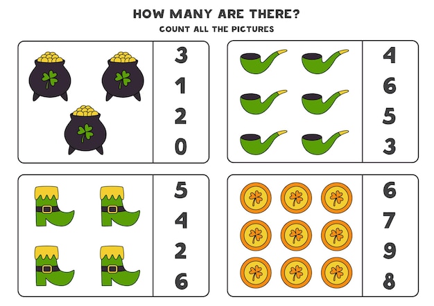 Counting game with Saint Patrick day elements. Educational worksheet.