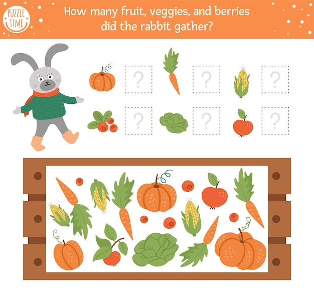 Counting game with vegetables, wooden case and rabbit. Autumn spying activity for preschool children. Fall season math worksheet. Educational printable with cute funny harvest elements for kids