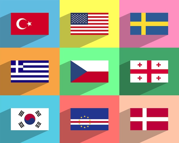 Country flags with beautiful and shiny background colors and shadows