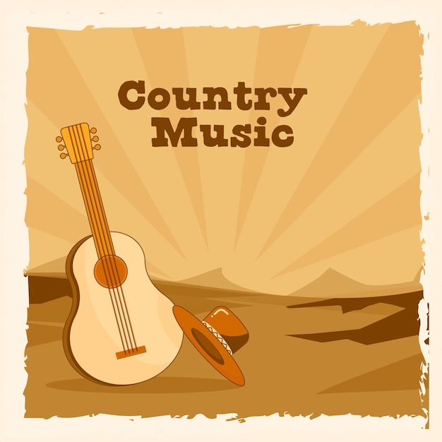 Vector country music poster design with guitar cowboy hat on retro style sand landscape and rays background