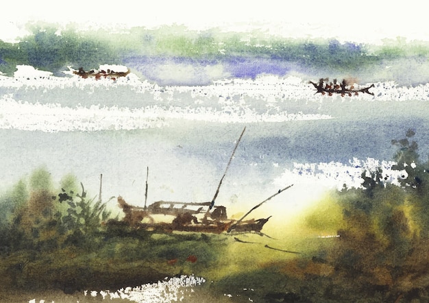 country side riverscape painting art and design by watercolor