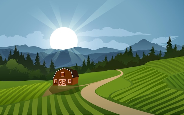 Countryside farm landscape illustration with sunrise