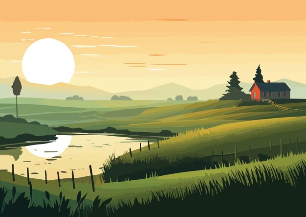 Vector countryside landscape at sunset vector illustration in flat style eps10