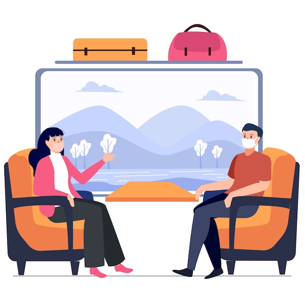 couple are traveling together using train illustration