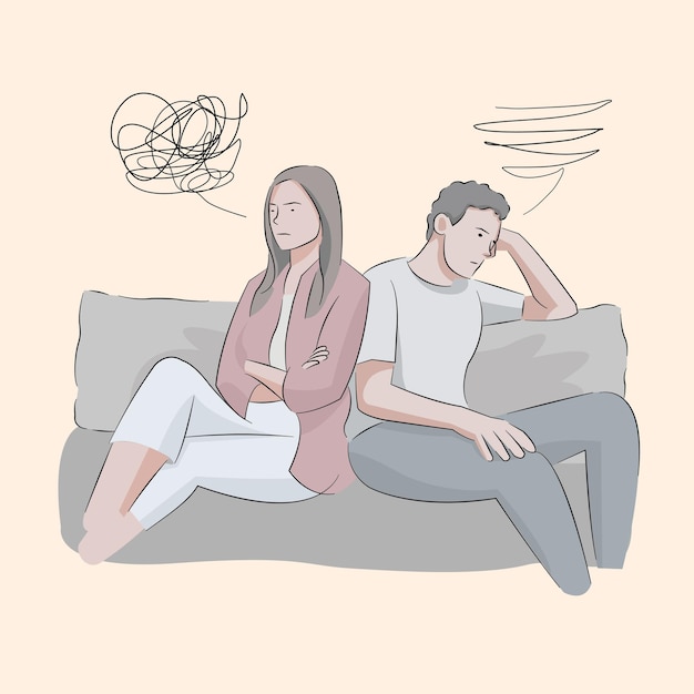 couple argue fighting relationship sitting in sofa not talking to each others ignoring