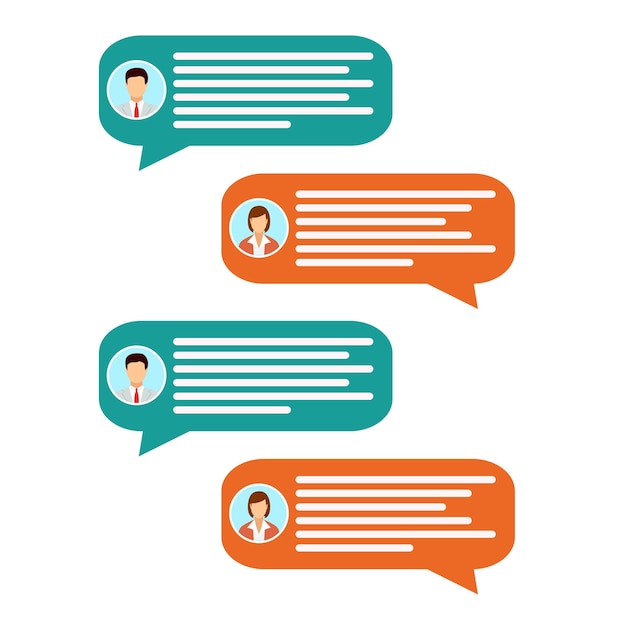 Couple avatar icons with dialog speech bubbles. Male and female faces avatars. Discussion group, people talking. Vector illustration in flat style