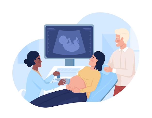 Couple at baby ultrasound scan 2D vector isolated illustration