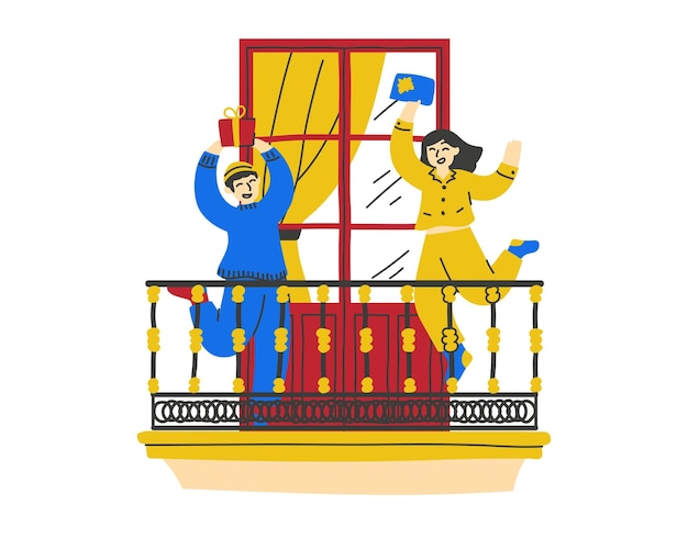 Couple in the balcony of the apartment Flat vector illustration