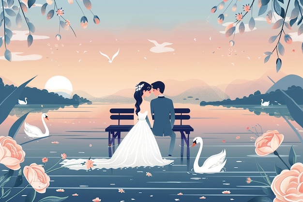 Vector couple in beautiful wedding scene