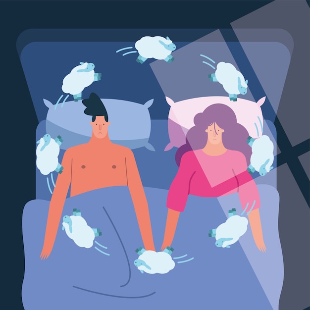 Couple in bed counting sheeps suffering from insomnia characters vector illustration design