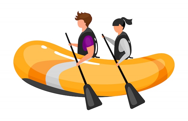 Couple on boat flat illustration. Extreme sports experience. Active lifestyle. Outdoor water activities. Teamwork rowing. Sports people isolated cartoon character on white background