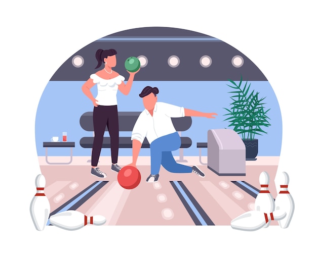 Couple in bowling alley 2D web banner, poster. Two people play game. Friends flat characters on cartoon background. Weekend sport activity printable patch, colorful web element