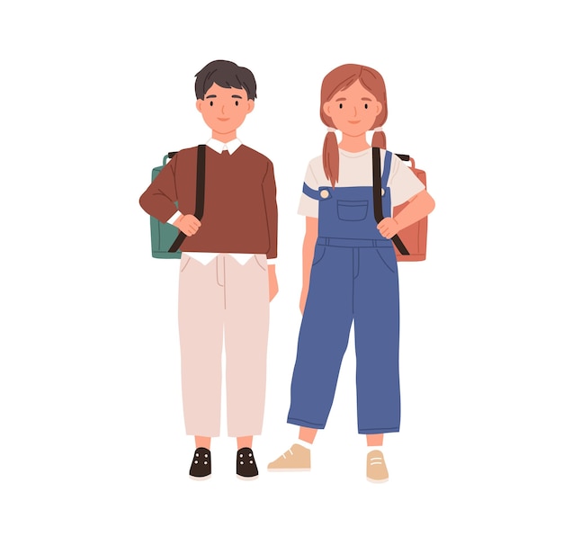 Couple of boy and girl. Portrait of school children with backpacks. Two teen kids standing together. Colored flat vector illustration of schoolboy and schoolgirl isolated on white background.