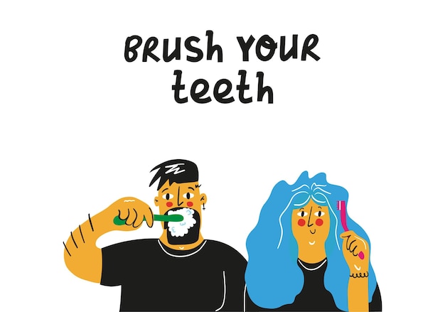 Couple brushing teeth Hand drawn illustration Oral hygiene and healthcare concept