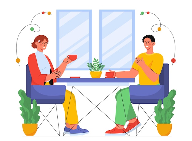 Couple in cafe concept Man and woman sit at table and drink coffee or tea Young guy and girl on romantic date Friends students and colleagues communicate Cartoon flat vector illustration