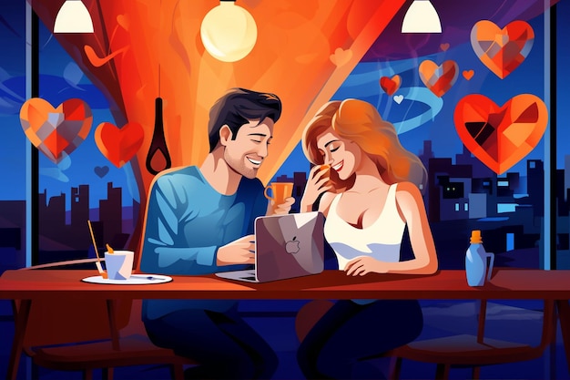 Couple in Cafe with Laptop and Bottles