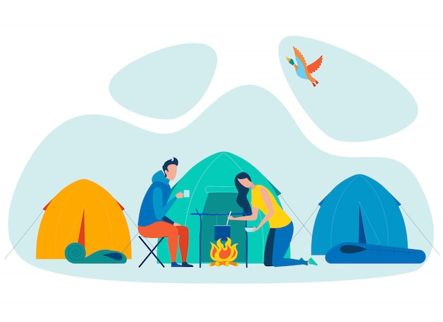 Couple Camping Vacation Flat Vector Illustration