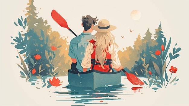 Vector couple canoeing on a calm river