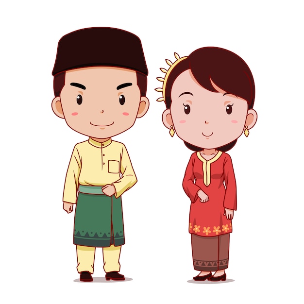 Couple of cartoon characters in Malaysian traditional costume.