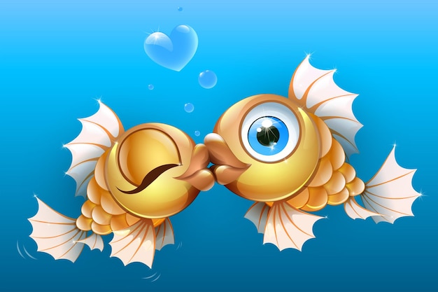 Vector couple cartoon gold fishes kiss with heart bubbles valentines day card