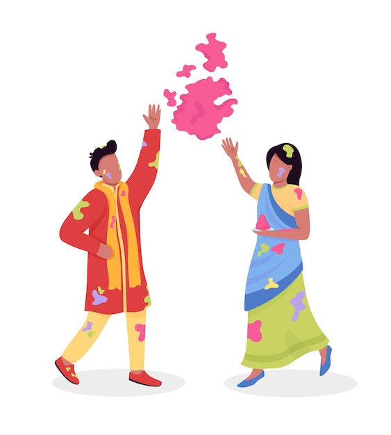 Couple celebrating Holi semi flat color vector characters. Dynamic figures. Full body people on white. Holiday celebration isolated modern cartoon style illustration for graphic design and animation