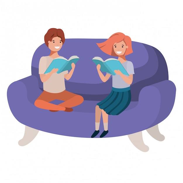 Couple of children sitting in sofa with book avatar character