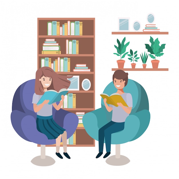 Couple of children with book in livingroom avatar character