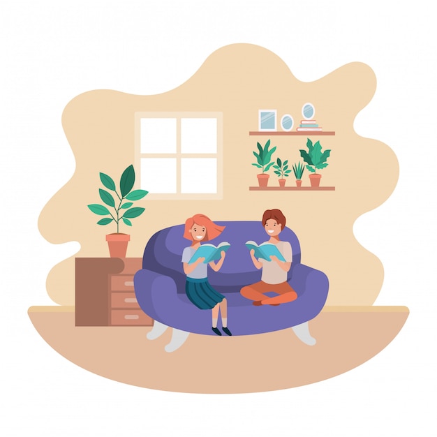 Couple of children with book in livingroom avatar character