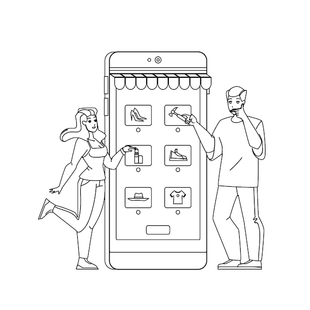 Couple Choosing Product In Smartphone App Vector