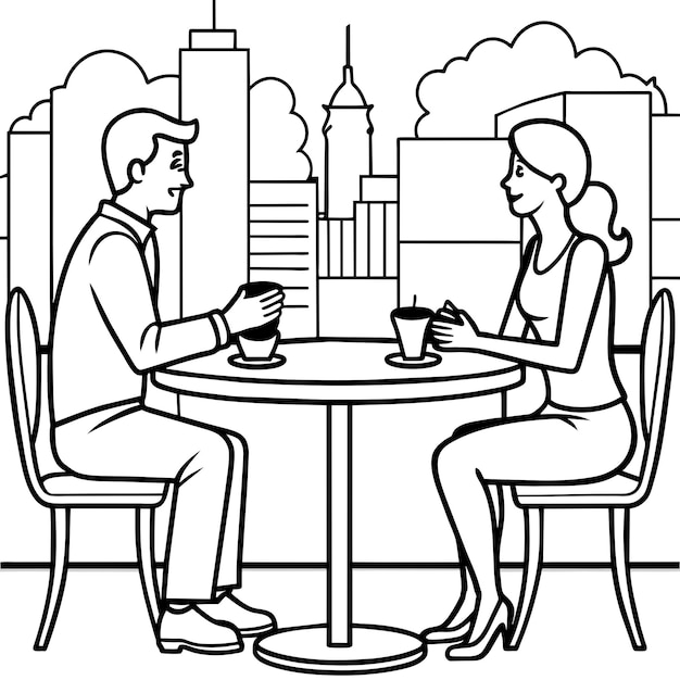 couple in city cafe illustration black and white