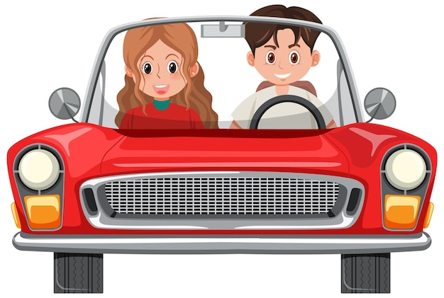 Couple in classic red car on white background