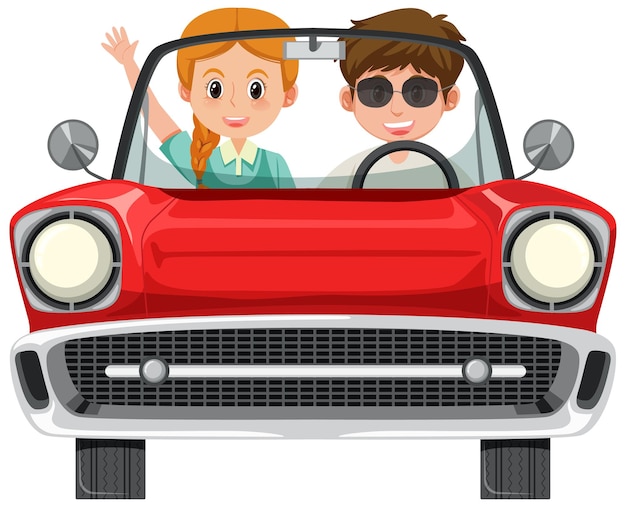 Couple in classic red car on white background