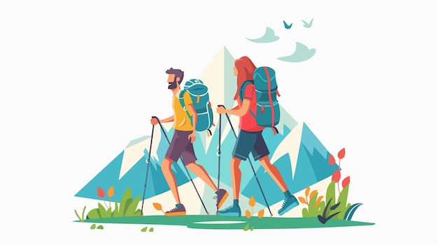 Vector couple climbing hill in mountain tourism concept