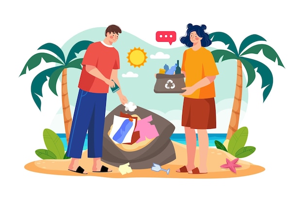 Couple collecting waste from the beach Illustration concept on white background