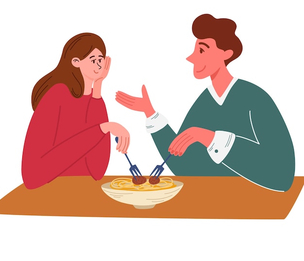 Couple communicates and eat Eating pasta together concept Young  happy couple cartoon characters sitting at table eating fresh italian cuisine together Communication and love Vector illustration