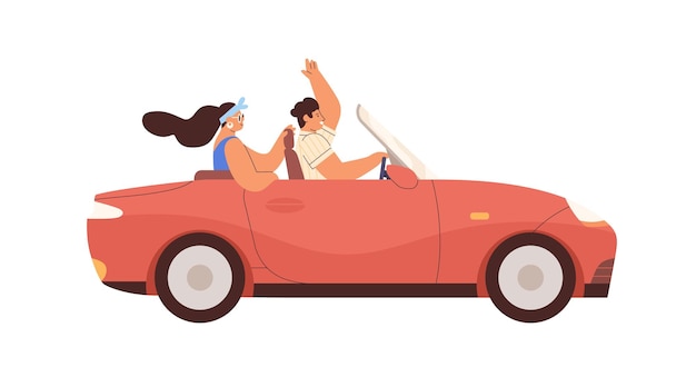 Couple in convertible car on summer road trip. Happy man and woman ride cabriolet. People driving cabrio. Male and female travel by auto. Flat graphic vector illustration isolated on white background