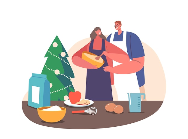 Vector couple cooking for christmas male and female characters hugging and prepare bakery on kitchen with decorated fir tree